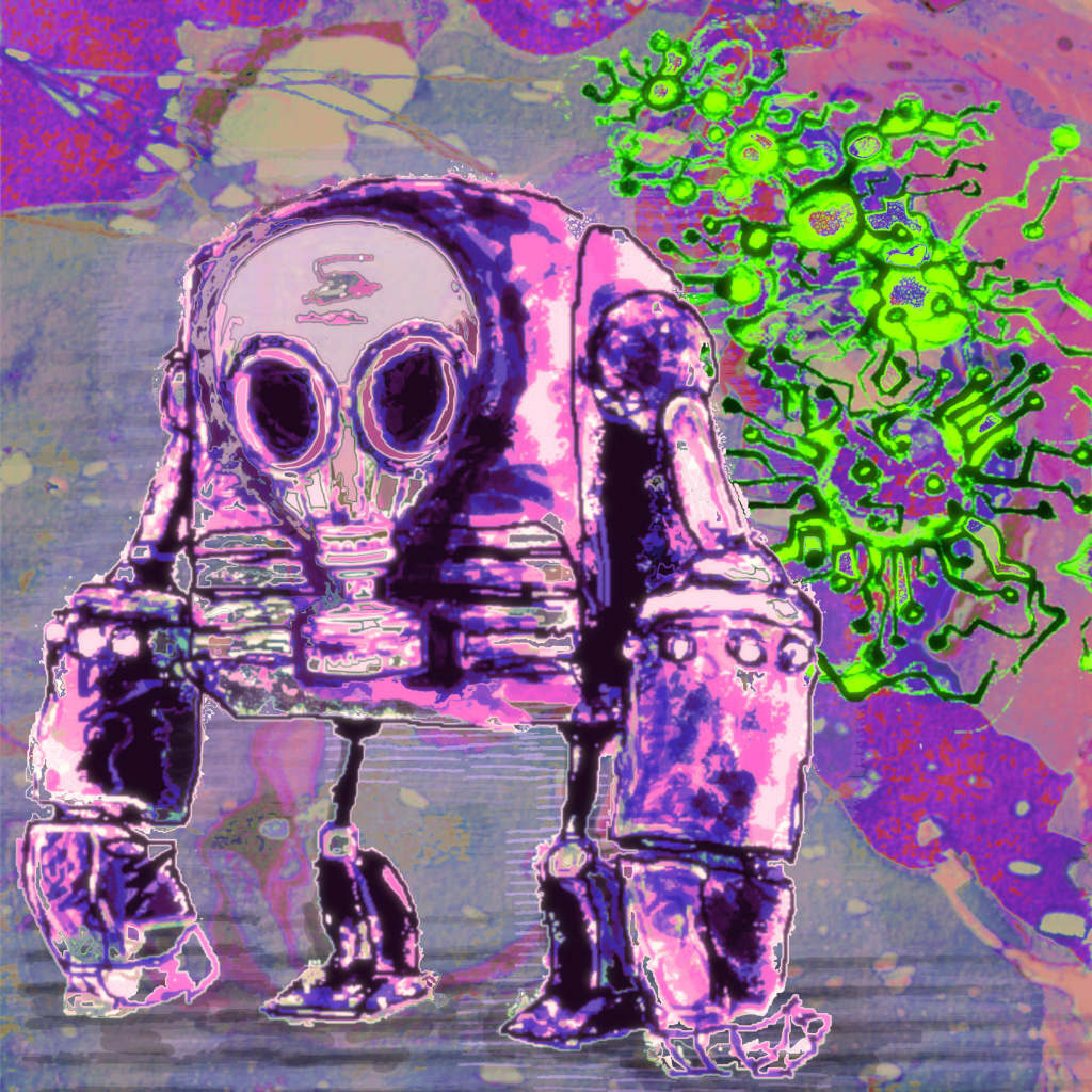 CD-Cover: ein Roboter mit Gasmaske, im Hintergrund lauert ein Virus.