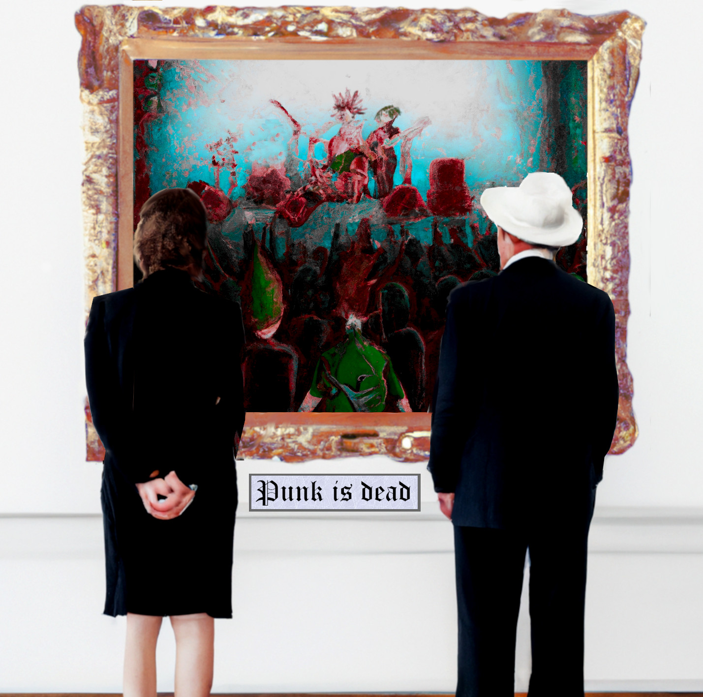 Album Cover: zwei gut gekleidete ältere Leute stehen in einem Museum und bewundern ein Ölgemälde von einem Punk-Konzert. Auf der Plakette unter dem Bild steht "Punk is Dead".